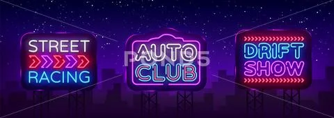 Big collection Racing neon sign vector design template. Street Racing neon text Stock Illustration