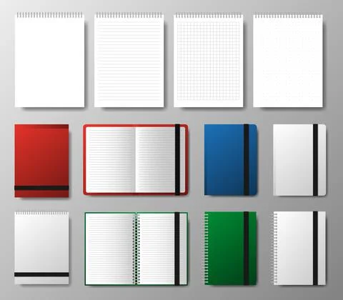 Big collection realistic blank of different color open and closed copybook te Stock Illustration