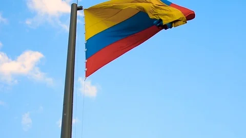 Big Colombian flag on high pole in the strong wind Video stock 101211803