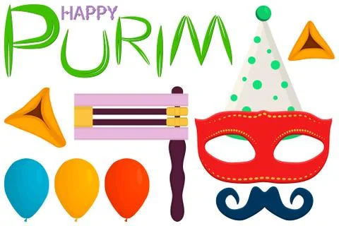 Big colored set different types balloons, mask for jewish Purim Ilustración de archivo