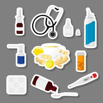 Big colored set different types of syrup in vial Stock Illustration