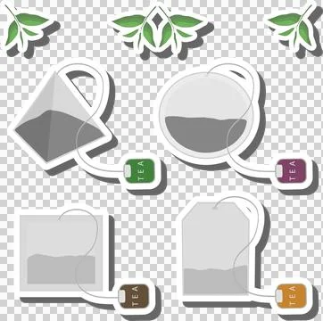 Big colored set different types and shapes teabags for tasty tea Illustrazione stock