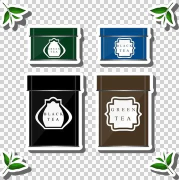 Big colored set different types iron cans for tasty tea Illustrazione stock
