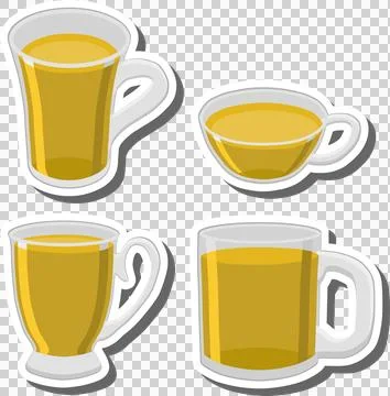 Big colored set different types glass cups for tasty tea Illustrazione stock