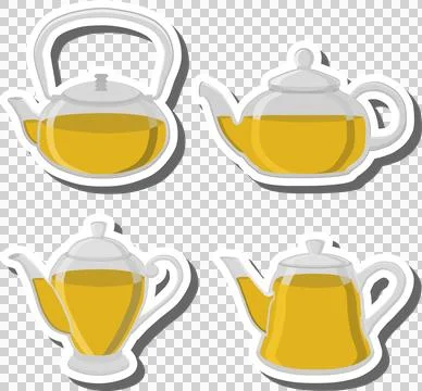 Big colored set different types porcelain teapots for tasty tea Illustrazione stock