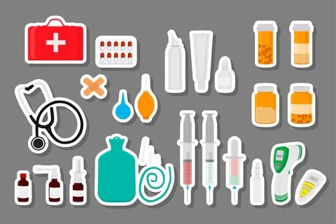 Big colored set different types medication of different size for pharmacy Stock Illustration