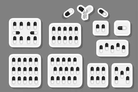 Big colored set different types of pills inside close blister Stock Illustration