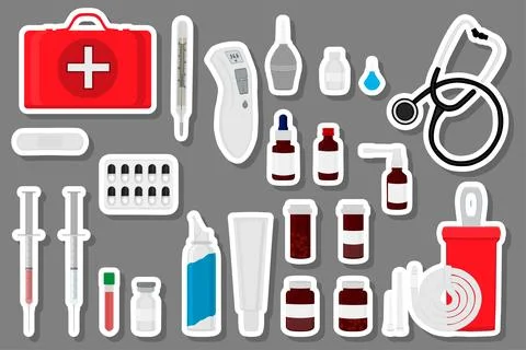 Big colored set different types medication of different size for pharmacy Stock Illustration