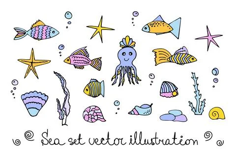 Big colored set of vector illustrations of octopus and fish, seashells and 스톡 일러스트