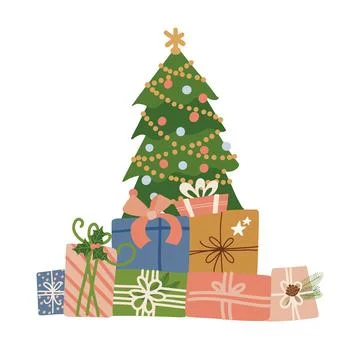 Big colorful wrapped gift boxes stack with ribbon, bows lying under Christmas Stock Illustration