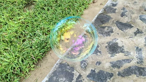 Big colourful bubble flying on grass. Video stock 274250973