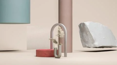 Big columns, round podium display and gray stone on the beige background with Stock Illustration