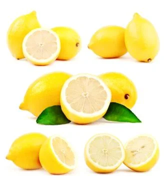 Big compilation of lemon with green leaf Stock Photos
