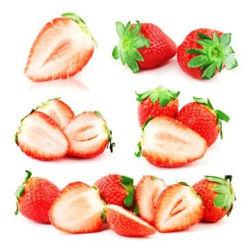 Big compilation of strawberries with green leaf Stock Photos