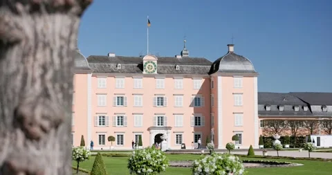 Big Complex of Castle With Garden, Water Fountains and Flowers in Germany Stock Footage 183929787