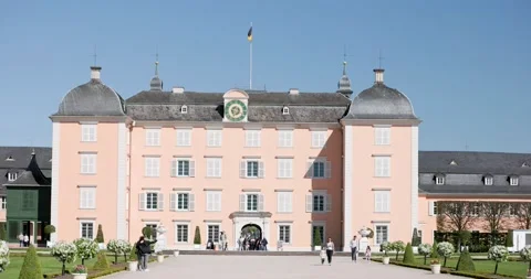 Big Complex of Castle With Garden, Water Fountains and Flowers in Germany Stock Footage 183929991