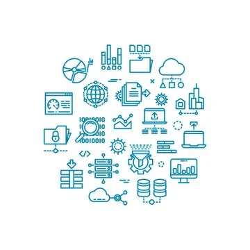 Big computer data outline vector icons in circle design Stock Illustration