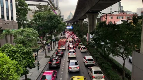 Big congestion during rush hour in Bangkok business district, Thailand 4K Video stock 173365484