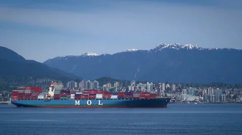 Big container ship floating in Vancouver harbor - city background Stock Footage 39990008