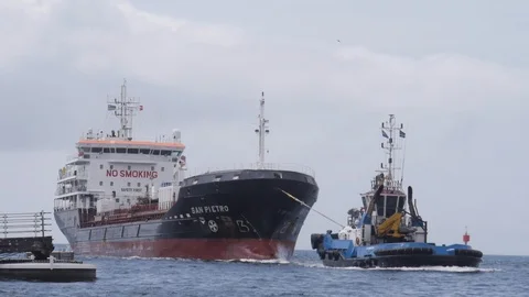 Big container ship going into a big harbour Stock Footage 127029462