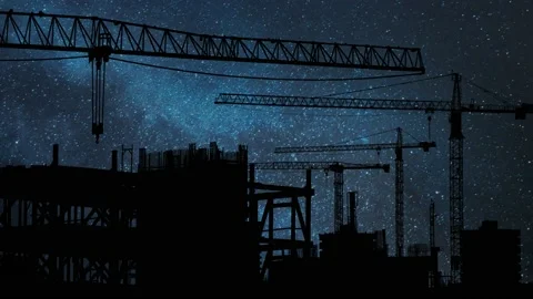 Big Crane and Building Construction by Night with Stars and Milky Way in Back Stock Footage 153429793