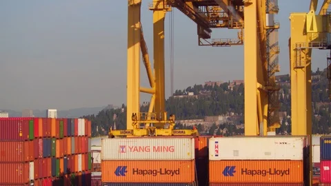 Big cranes unloading container cargo freight ship In Barcellona Stock Footage 91070695