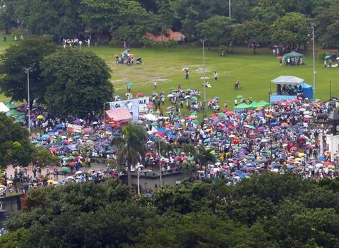Big crowd assembled at a park Foto stock