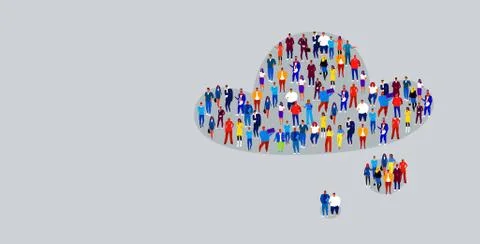 Big crowd of businesspeople in cloud bubble shape business people standing Illustrazione stock
