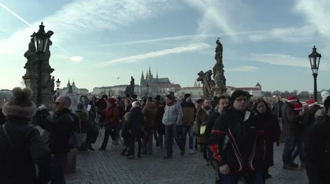 Big Crowd at Charles Bridge in Prague Stock Footage 59520891