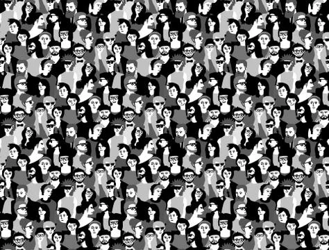 Big crowd happy people black and white seamless pattern Stock Illustration