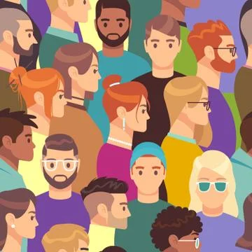 Big crowd pattern. Seamless texture of different people group, male and female Stock Illustration