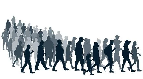 Big crowd of people moving in queue. .Society, silhouette of people. Vector.. Ilustración de archivo