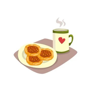 Big cup of hot tea or coffee and tasty homemade fritters on plate. Appetizing Stock Illustration
