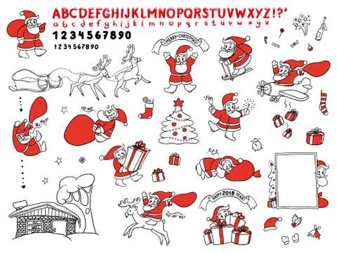 Big cute set vector sketch illustration of Santa Claus in different situations Stock Illustration