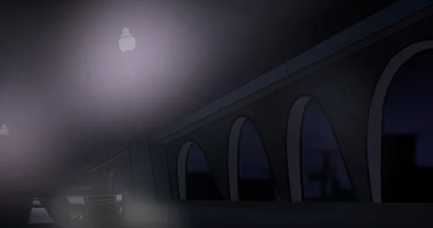 Big dark colored car drive thru the night city with bridge on the background. Stock Footage 243215122