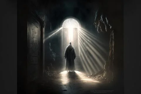 Big Dark Corridor With Man Looking At Blinding Light Beam Entering The Door Stock Illustration