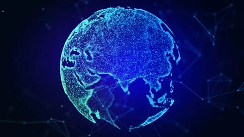 Big data 3d Earth. Points connections in lines surrounding globe rotating Stock Footage 143763914