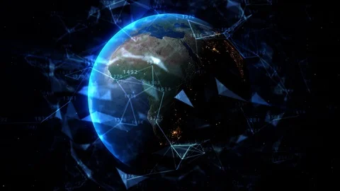 Big data 3d Earth in space. Network surrounding planet earth rotating. Blue Stock Footage 123752069