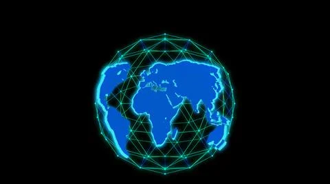 Big data 3d Earth. World map surrounding globe rotating. Plexus News logo Illustrazione stock
