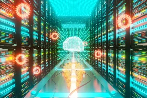 Big data an AI learning concept in server center Stock Illustration