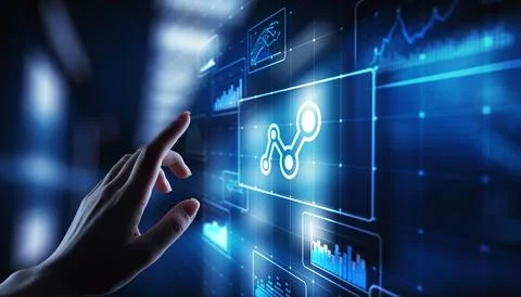 Big data analysis, business intelligence, technology solutions concept on vir Stock Photos