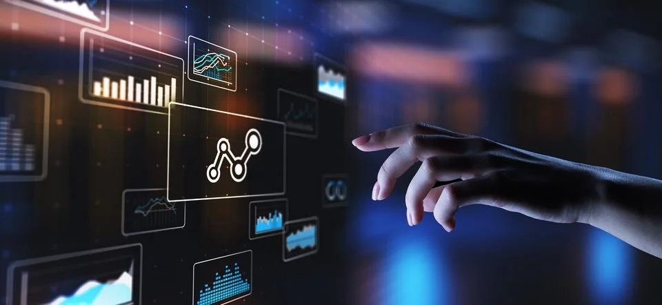 Big data analysis, business intelligence, technology solutions concept on vir Stock Photos