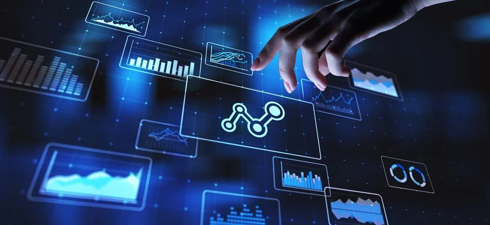 Big data analysis, business intelligence, technology solutions concept on vir Stock Photos
