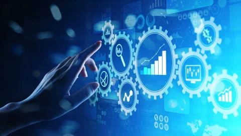 Big Data analysis, Business process analytics diagrams with gears and icons on Stock Photos