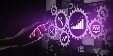 Big Data analysis, Business process analytics diagrams with gears and icons on 스톡 사진