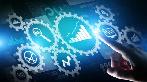 Big Data analysis, Business process analytics diagrams with gears and icons on Stock Photos