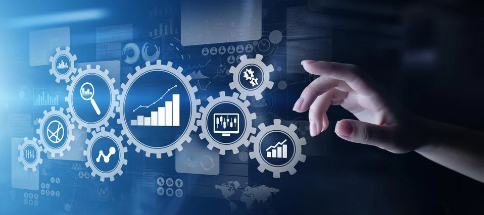 Big Data analysis, Business process analytics diagrams with gears and icons on Stock Photos