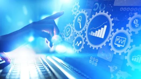 Big Data analysis, Business process analytics diagrams with gears and icons on 스톡 사진