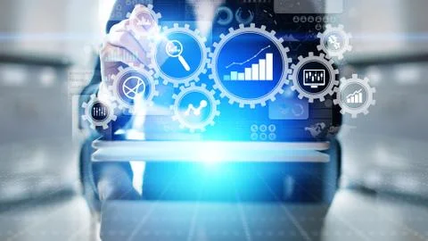 Big Data analysis, Business process analytics diagrams with gears and icons on Stock Photos