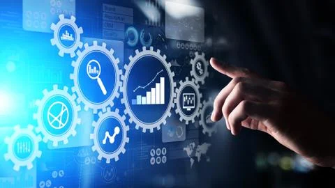Big Data analysis, Business process analytics diagrams with gears and icons on Foto stock